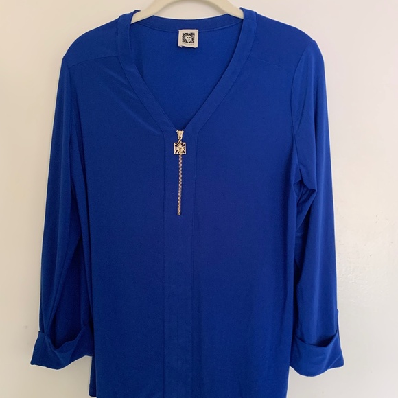 Anne Klein Royal Blue Zip Front Blouse Gold Zipper Tab Sleeve Top Size S - Picture 1 of 4